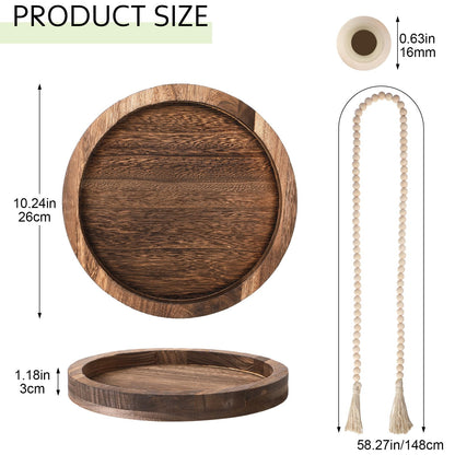 Tiangrid 5 Pcs Rustic Country Tabletop Centerpieces Decor Set of 3 Boho Ceramic Vases with Wooden Serving Tray Wood Bead Garland Tassels Table Holder for Home Decorations(Dark Brown)