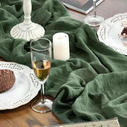 Artoid Mode Boho Forest Green 10Pcs Cheesecloth Gauze Table Runner, 120 Inch Seasonal Fabric Kitchen Dining Holiday Table Decor for Home Party Indoor