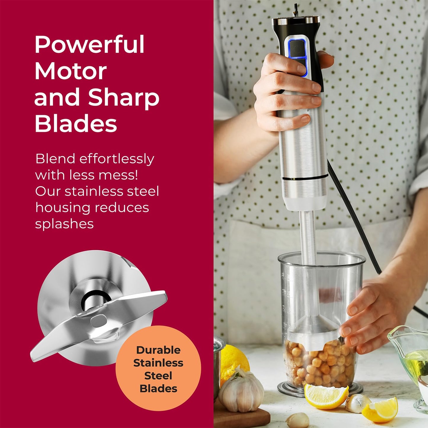 MuellerLiving Immersion Hand Blender Full Set - 8 Speed Immersion Blender, Hand Mixer with 7 Attachments: Stainless Steel Blade, Whisk, Milk Frother, Beater, Mixing Hooks, Potato Masher, Chopper Bowl