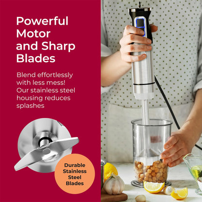 MuellerLiving Immersion Hand Blender Full Set - 8 Speed Immersion Blender, Hand Mixer with 7 Attachments: Stainless Steel Blade, Whisk, Milk Frother, Beater, Mixing Hooks, Potato Masher, Chopper Bowl