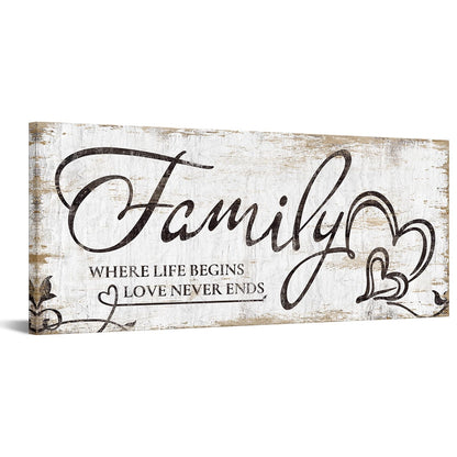 KREATIVE ARTS Large Home Family Wall Decor Rustic Home Sign Inspirational Quotes - Where Life Begins & Love Never Ends Canvas Wall Art Prints for Bedroom Living Room Kitchen 20x48 Inches