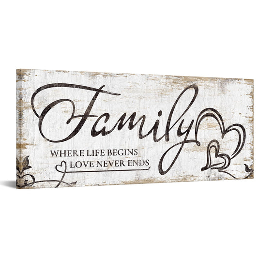 KREATIVE ARTS Large Home Family Wall Decor Rustic Home Sign Inspirational Quotes - Where Life Begins & Love Never Ends Canvas Wall Art Prints for Bedroom Living Room Kitchen 20x48 Inches