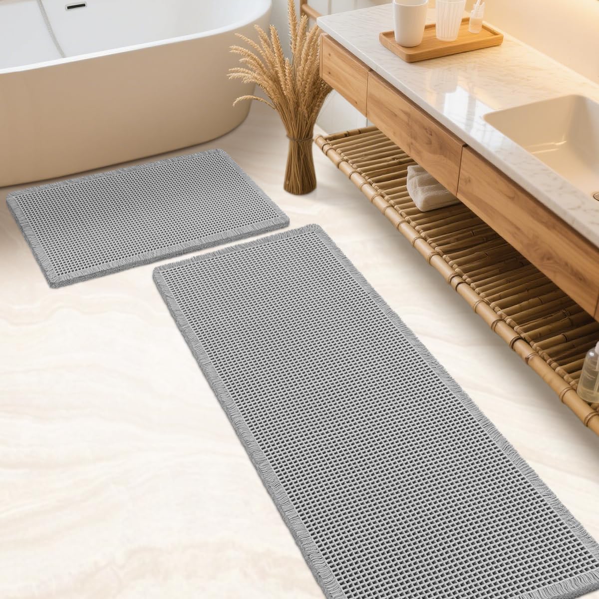 IM HOME Waffle Bath Mat Set 2 Piece Light Grey,Woven Modern Bath Rug Mats, Absorbent Non Slip Bath Floor Mat, Soft Washable Boho Bath Rugs with Tassels for Bathroom, Bedroom, Kitchen,Tub