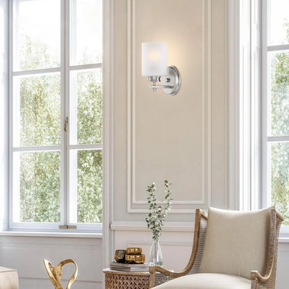 Kira Home Phoebe 8" Modern Wall Sconce with Frosted Seeded Glass Cylinder Shade, Industrial Silver Wall Light with Cylinder Glass Shade, Brushed Nickel Finish