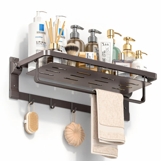 Rust-Proof Floating Shelves Organizer with Foldable Towel Bar 5 Towel Hooks Wall Mounted Organizer 23-Inch Towel Racks for Bathroom Lavatory Kitchen Rv Home Decor, Grey