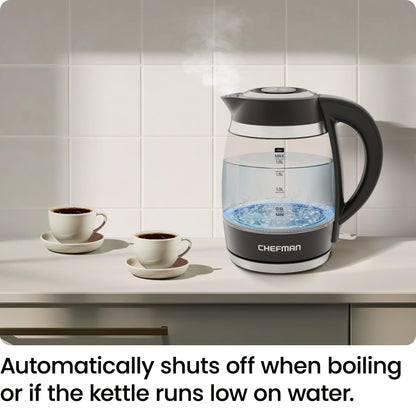 Chefman 1.8L Electric Glass Kettle, 1500W, Auto Shut Off, Boil-Dry Protection, BPA Free, Easy-Clean Lid