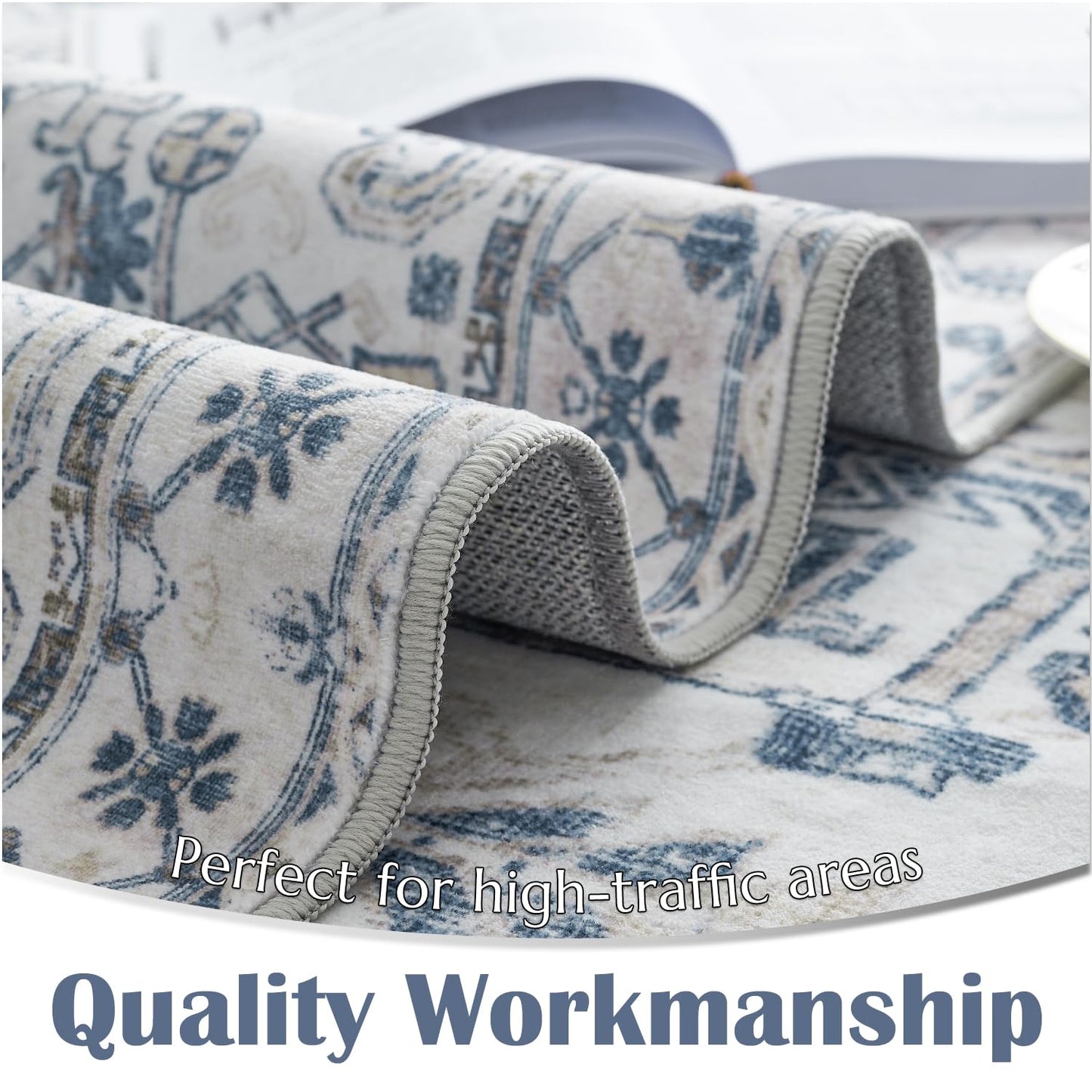 jinchan Lima Hallway Runner Rug 2x10 Washable - Vintage Floral Non Slip Low-Pile Soft Ultra-Thin Faux Wool Kitchen Rug Distressed Carpet Runner for Farmhouse Bedroom Laundry (2x10ft, Blue)