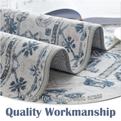 jinchan Lima Hallway Runner Rug 2x10 Washable - Vintage Floral Non Slip Low-Pile Soft Ultra-Thin Faux Wool Kitchen Rug Distressed Carpet Runner for Farmhouse Bedroom Laundry (2x10ft, Blue)