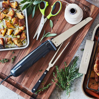 Cuisinart Electric Knife Set with Cutting Board, Electric Knife for Meat Slicing and Bread Slicing, Includes Bamboo Cutting Board for Kitchen and Serving Fork, CEK-41, Stainless Steel/Black