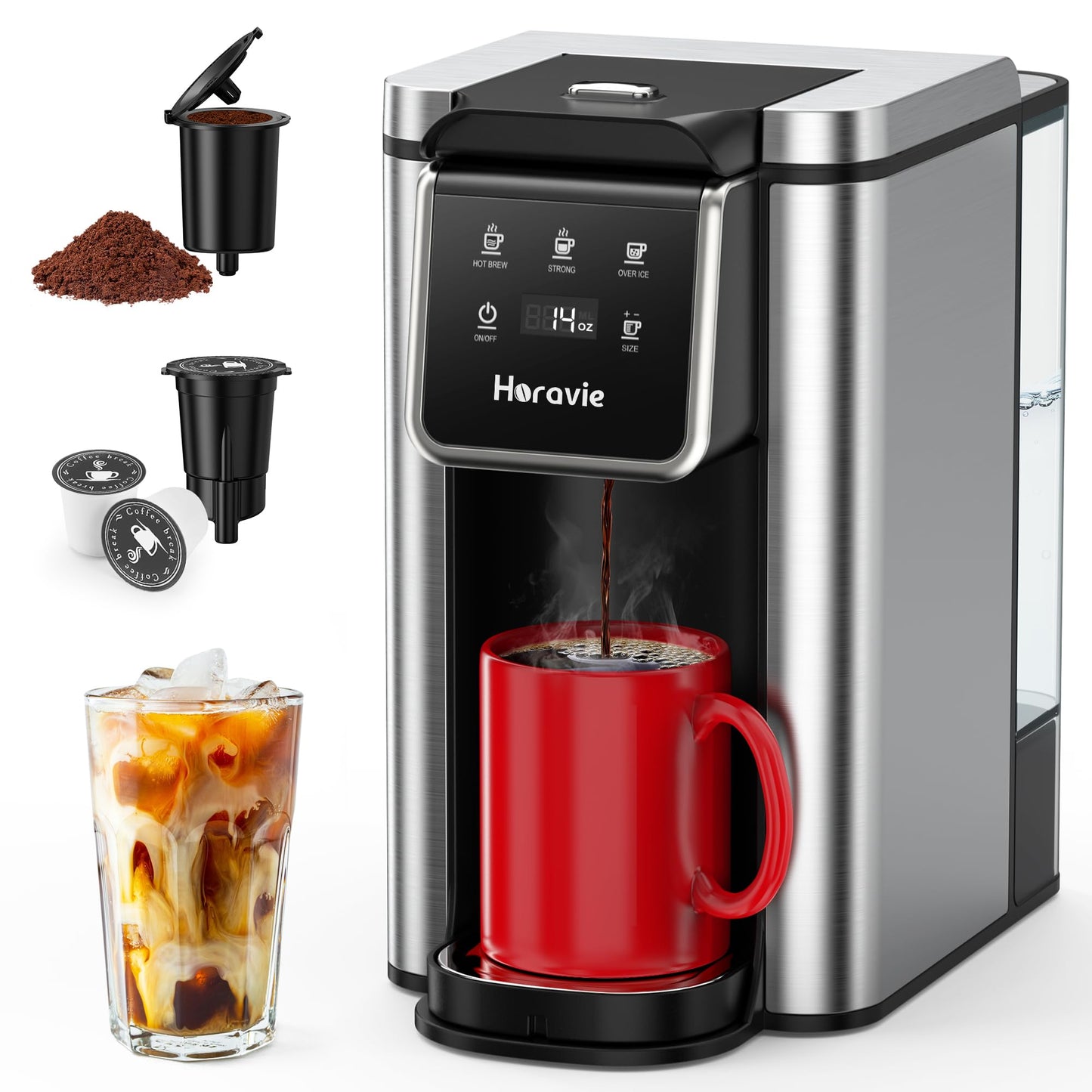 Horavie Single Serve Coffee Maker for K-Cup Pod and Grounds, Hot and Iced Coffee Maker, 6 to 14oz Brew Sizes, 50oz Removable Reservoir, Strong Button Feature, Fit 6.5" Mugs, Stainless Steel, Black
