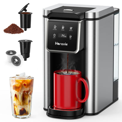 Horavie Single Serve Coffee Maker for K-Cup Pod and Grounds, Hot and Iced Coffee Maker, 6 to 14oz Brew Sizes, 50oz Removable Reservoir, Strong Button Feature, Fit 6.5" Mugs, Stainless Steel, Black