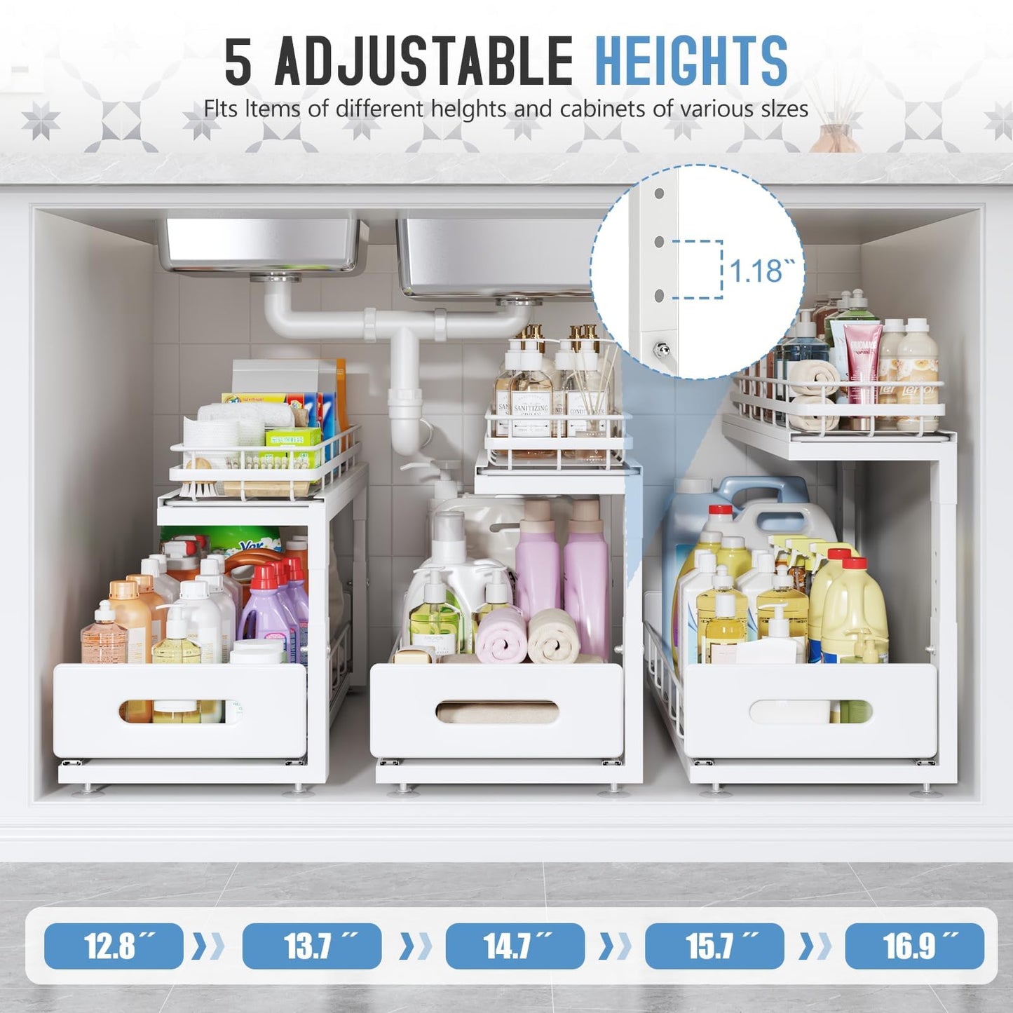 Biboraya Under Sink Organizer Upgrade To Professional Rails,2-Tier Dual Pull Out Cabinet Storage,Height Adjustable Slide Out Drawers For Bathroom Kitchen,2 Pack-14.5"Dx12.8"-16.9"H,White