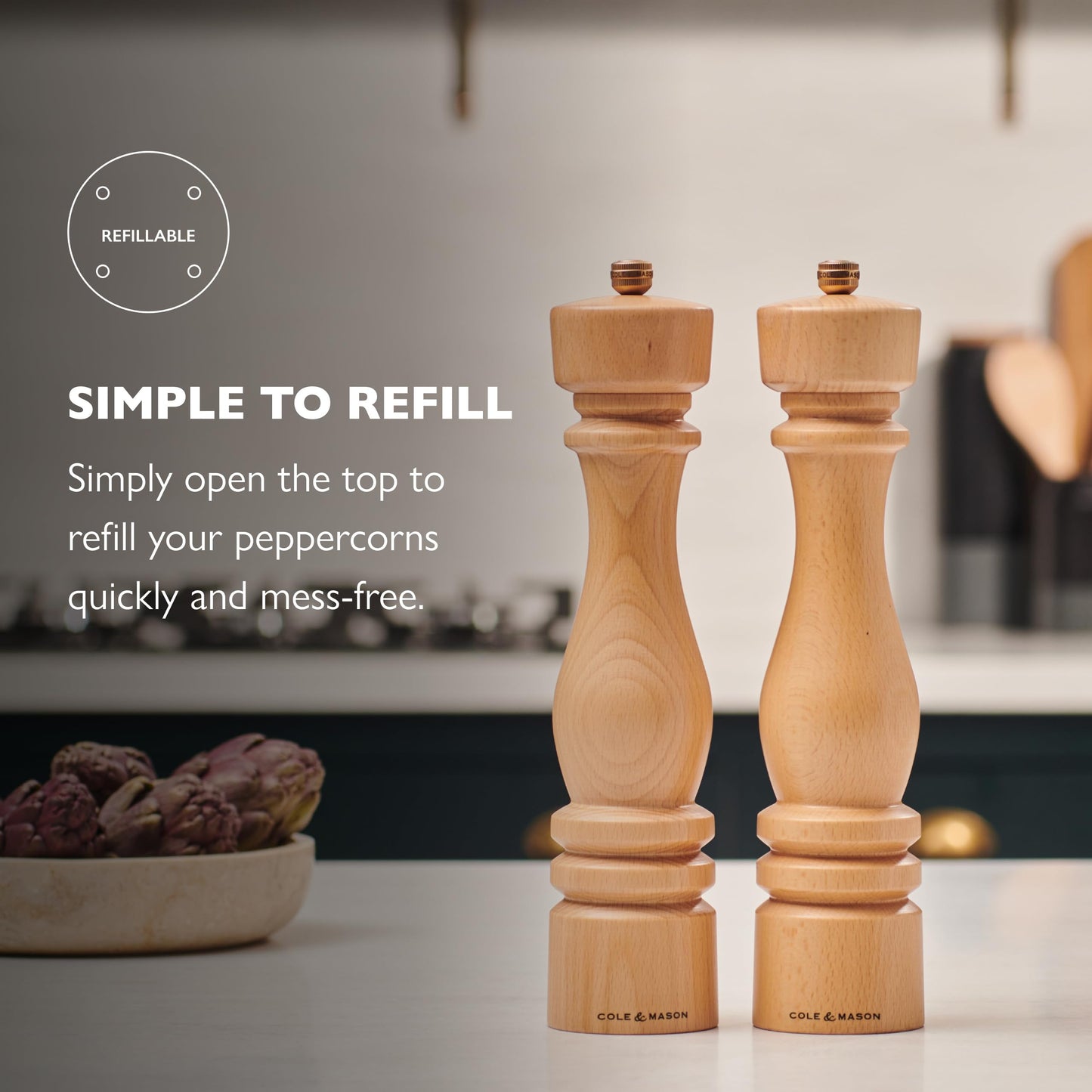Cole & Mason London Refillable Spice Mill - Kitchen & Home Accessory - Table Black Pepper Grinder - Pepper Mill with Carbon Steel Mechanism - 11", Natural Beech