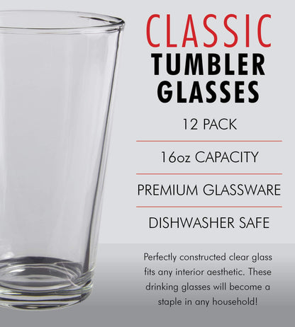 Kitchen Lux Pint Beer Glasses Set of 12 – 16 oz Tall Clear Drinking Glasses and All Purpose Tumblers – Heavy Base Cocktail, Water, Juice Glass – Pub Style Design For Home Dining, Bars, and Parties