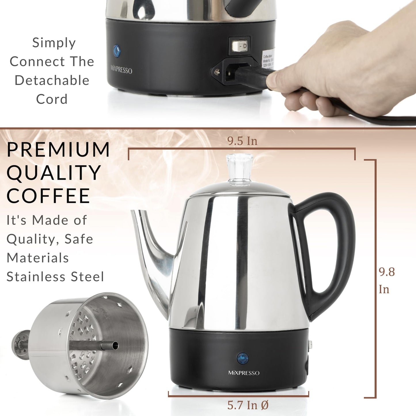 Mixpresso Small Electric Percolator Coffee Pot 4 Cup Stainless Steel - Coffee Percolator Electric with Keep Warm Function - Auto Shut-Off for Safe Daily Brewing