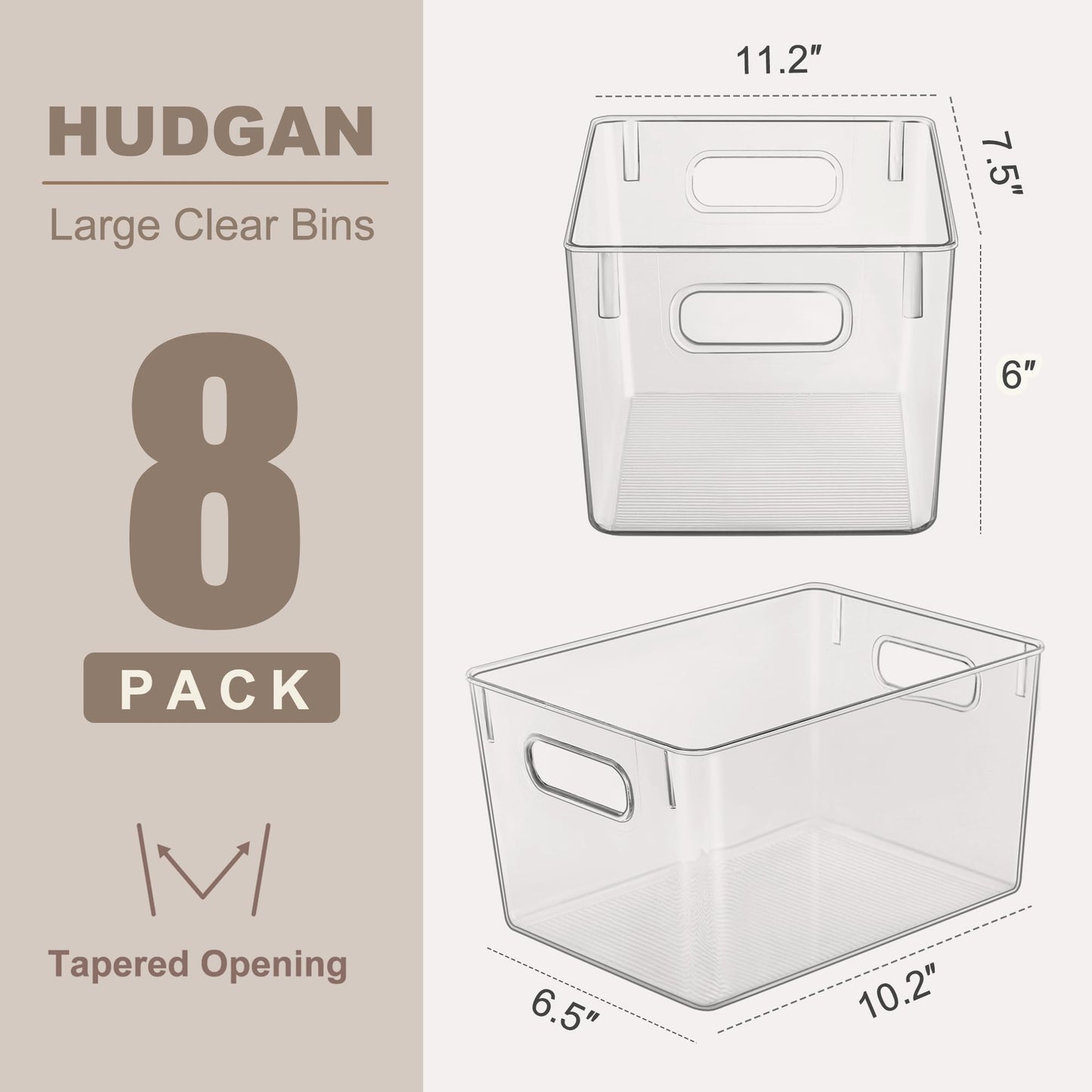 Hudgan Set of 8 Clear Plastic Storage Bins, 8 Large Storage Containers for Pantry Organizers, Home Edit, Kitchen Cabinet, Refrigerator, Under Sink Organization, Bathroom, Office