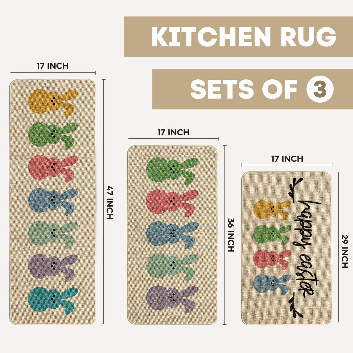 Artoid Mode Rabbits Bunny Happy Easter Kitchen Mats Set of 3, Home Decor Low-Profile Kitchen Rugs for Floor - 17"x29"+17"x36"+17"x47"