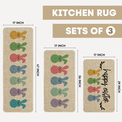 Artoid Mode Rabbits Bunny Happy Easter Kitchen Mats Set of 3, Home Decor Low-Profile Kitchen Rugs for Floor - 17"x29"+17"x36"+17"x47"