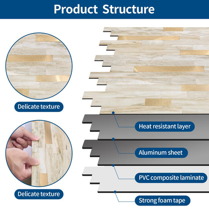 Yipscazo 10 Sheets Peel and Stick Stone Metal Tile Backsplash, Stick on Tiles for Backsplash Kitchen, Bathroom, Laundry Room, Camper, Fireplace (12'' X 12'', Beige Stone with Gold)