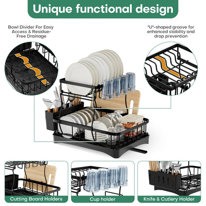 2 Tier Dish Rack, Carbon Steel Dish Drying Rack for Kitchen Organization & Storage, Countertop / Sink Dish Rack with Automatic Drain Tray, Large Capacity Black Dish Rack - Essential Home Kitchen Item
