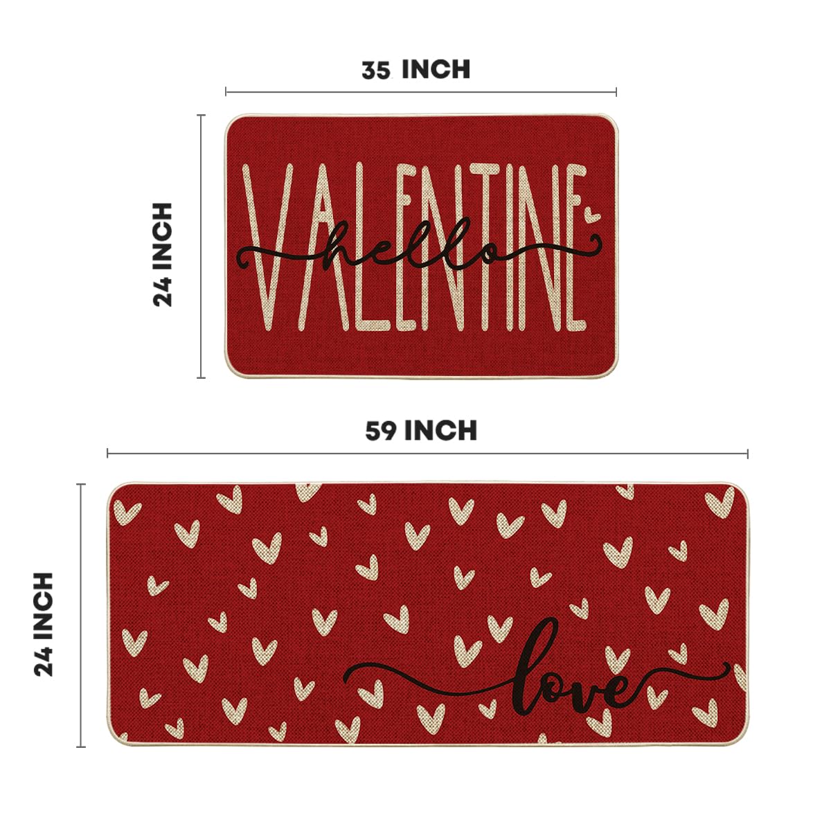 Artoid Mode Red Love Heart Hello Valentine's Kitchen Mats Set of 2, Home Decor Low-Profile Kitchen Rugs for Floor - 24x35 and 24x59 Inch