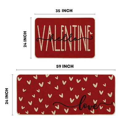 Artoid Mode Red Love Heart Hello Valentine's Kitchen Mats Set of 2, Home Decor Low-Profile Kitchen Rugs for Floor - 24x35 and 24x59 Inch