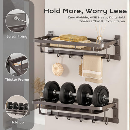 Rust-Proof Floating Shelves Organizer with Foldable Towel Bar 5 Towel Hooks Wall Mounted Organizer 23-Inch Towel Racks for Bathroom Lavatory Kitchen Rv Home Decor, Grey