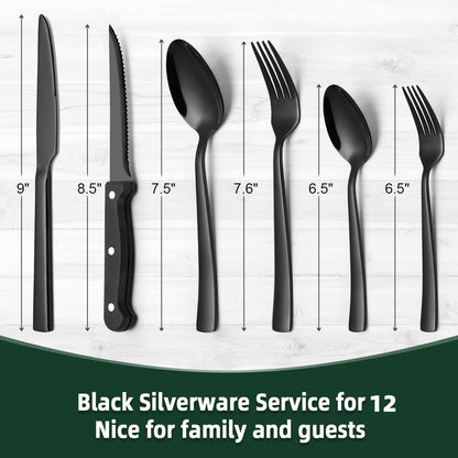 CEKEE 72-Piece Black Silverware Set with Steak Knives, Stainless Steel Flatware Set for 12, Tableware Cutlery Set, Kitchen Utensils Set for Home & Restaurant, Heavy Duty & Mirror Finished