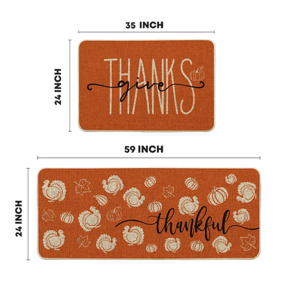 Artoid Mode Turkey Pumpkin Maple Leaves Thanksgiving Kitchen Mats Set of 2, Home Decor Low-Profile Kitchen Rugs for Floor - 24x35 and 24x59 Inch
