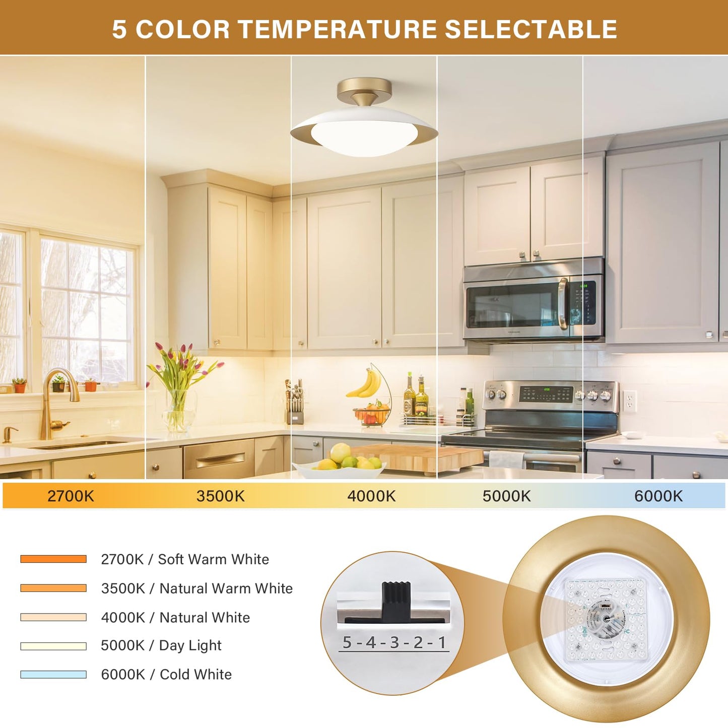 Dimmable Modern Mid-Century Ceiling Light, White and Gold LED Semi Flush Mount Ceiling Light, 5CCT 2700K-6000K Lighting Fixture Ceiling Lamp with Glass Shade for Bedroom Hallway Kitchen, 12.6in