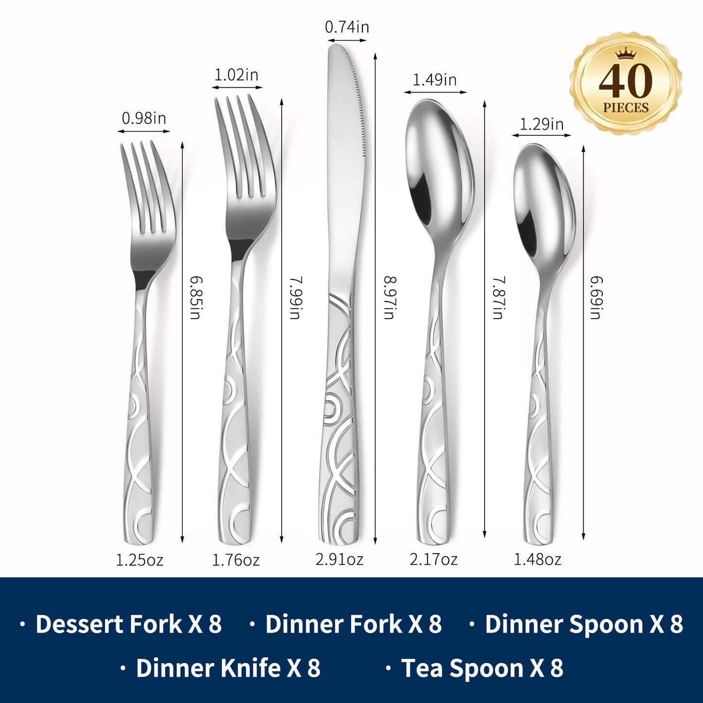 40PCS Silverware Set Service for 8, Premium 18/0 Stainless Steel Cutlery Set, Mirror Polished Flatware, Modern Kitchen Eating Utensils for Home, Restaurant, Wedding, Party