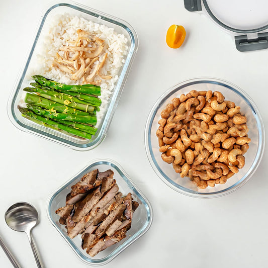 KOMUEE 30 Pieces Glass Food Storage Containers Set, Glass Meal Prep Containers Set with Snap Locking Lids, Airtight lunch Containers for Microwave, Oven, Freezer & Dishwasher,Gray