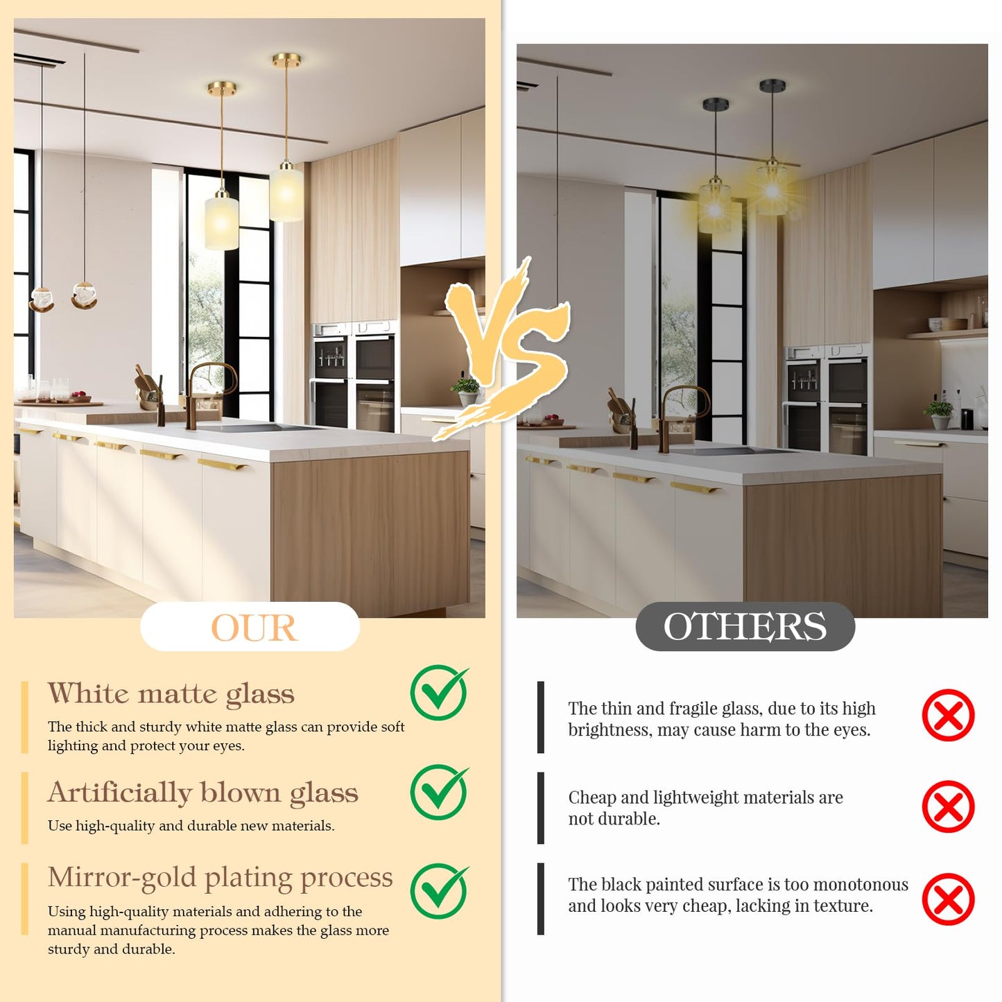 KRETAELY 3 Pack Pendant Lights Kitchen Island, Gold Pendant Light Over Island, Modern Glass Island Lights for Kitchen,Adjustable Length, Perfect for Dining Room and Home Decor