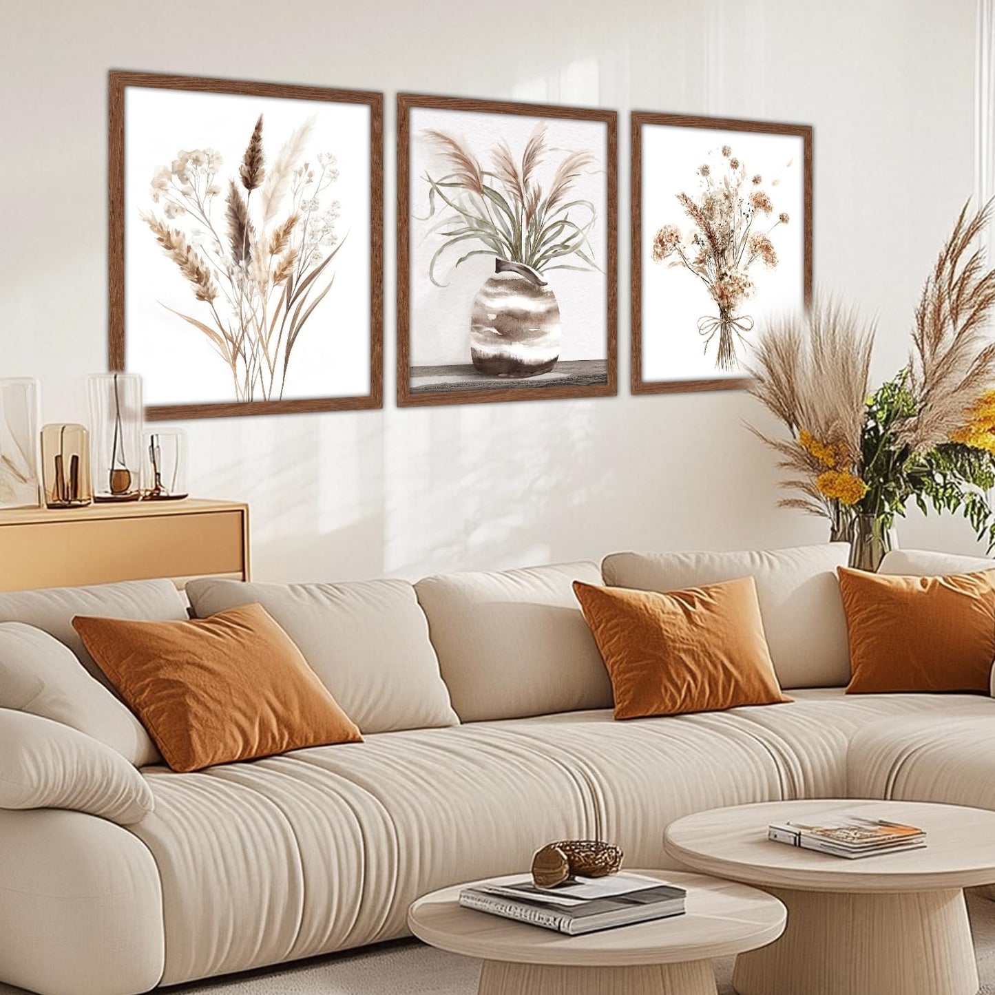 JJY Framed Fall Farmhouse Boho Decor for Wall Art Prints set of 3 -Autumn Pampas Grass Wall Decor Poster Aesthetics -Nature Fall Plant Painting Set for Home Living Room Kitchen Wall Decor 11"x14"