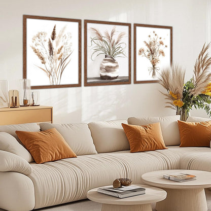 JJY Framed Fall Farmhouse Boho Decor for Wall Art Prints set of 3 -Autumn Pampas Grass Wall Decor Poster Aesthetics -Nature Fall Plant Painting Set for Home Living Room Kitchen Wall Decor 11"x14"