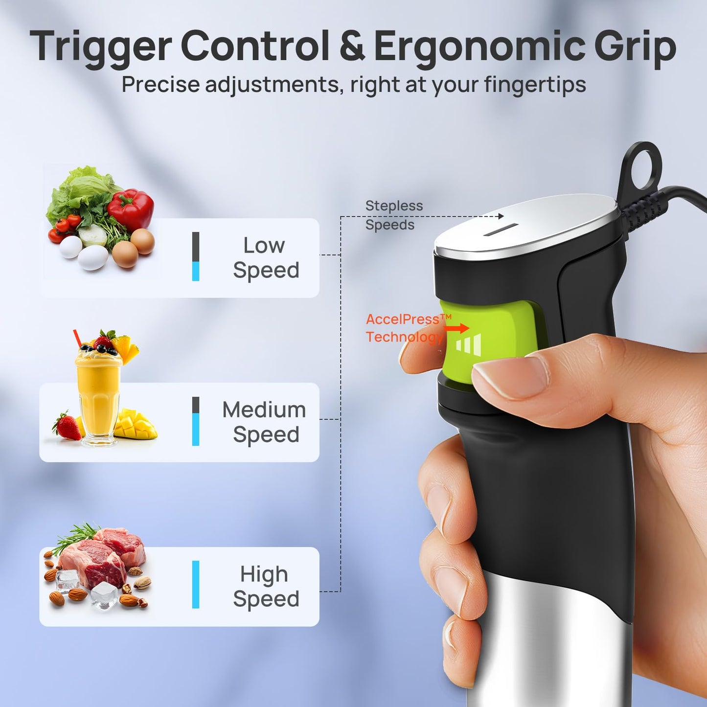 Consciot 7-in-1 Immersion Blender Handheld Max 1100W, Stick Emulsifier with Entire Stainless Steel Blender Shaft, Trigger Speed Control, 800ml Beaker, 600ml Chopper, Beaters, Frothers, Hooks & Masher