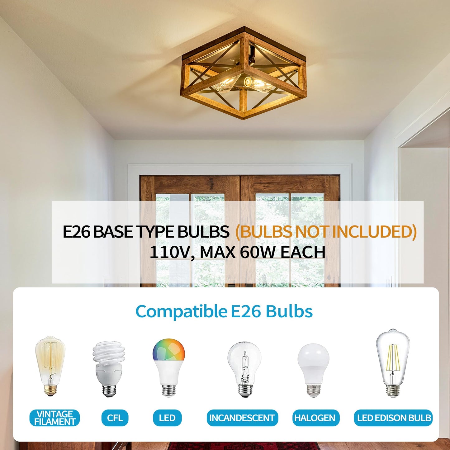 Rpzloila Flush Mount Ceiling Light Fixture for Kitchen Hallway, 2-Light Close to Ceiling Light with Black Metal and Wood Design, Rustic Farmhouse Ceiling (Bulb not Included)