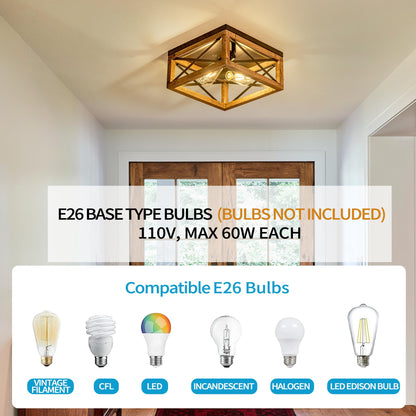 Rpzloila Flush Mount Ceiling Light Fixture for Kitchen Hallway, 2-Light Close to Ceiling Light with Black Metal and Wood Design, Rustic Farmhouse Ceiling (Bulb not Included)