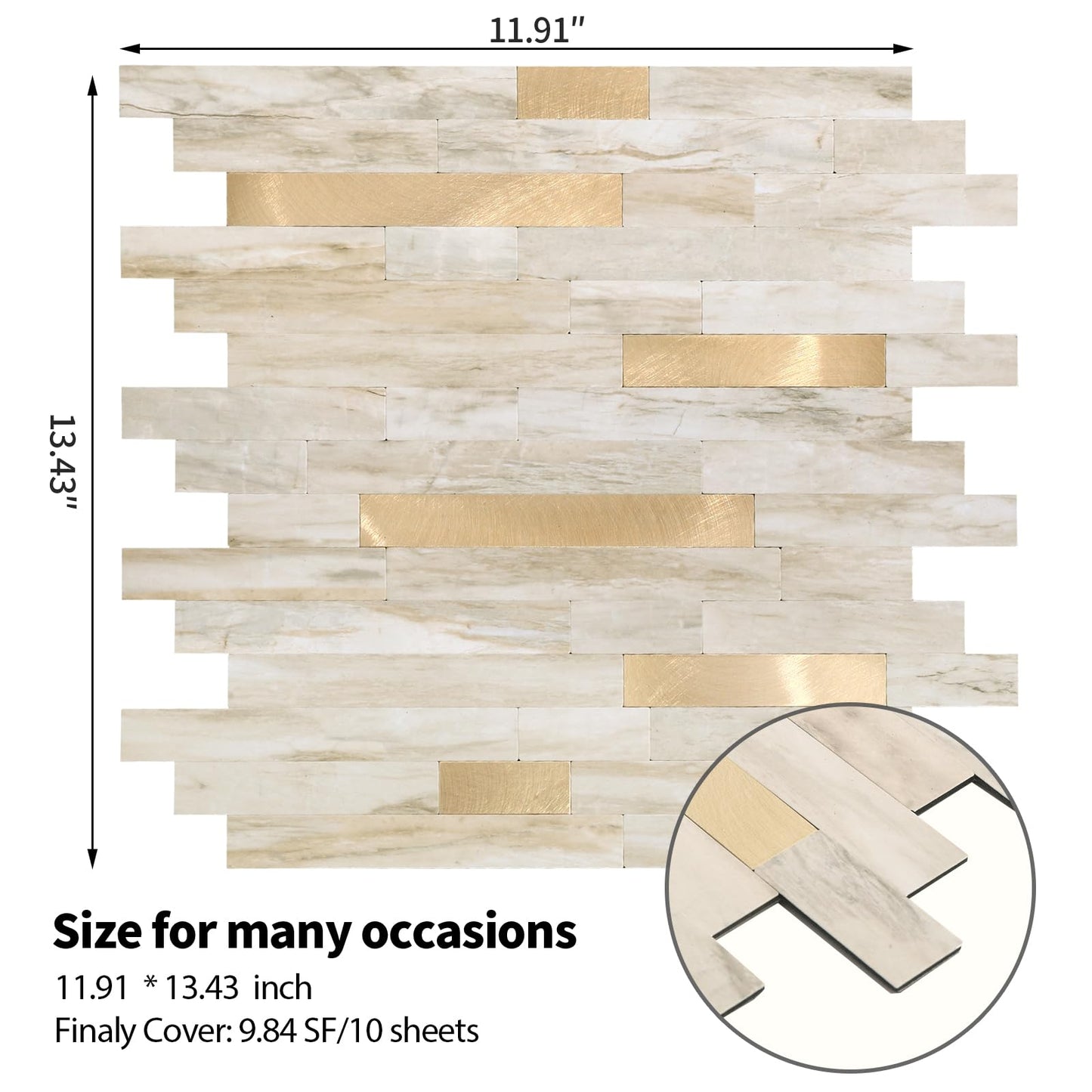 Yipscazo 10 Sheets Peel and Stick Stone Metal Tile Backsplash, Stick on Tiles for Backsplash Kitchen, Bathroom, Laundry Room, Camper, Fireplace (12'' X 12'', Beige Stone with Gold)