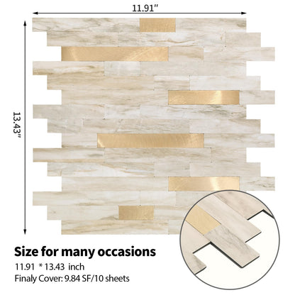 Yipscazo 10 Sheets Peel and Stick Stone Metal Tile Backsplash, Stick on Tiles for Backsplash Kitchen, Bathroom, Laundry Room, Camper, Fireplace (12'' X 12'', Beige Stone with Gold)