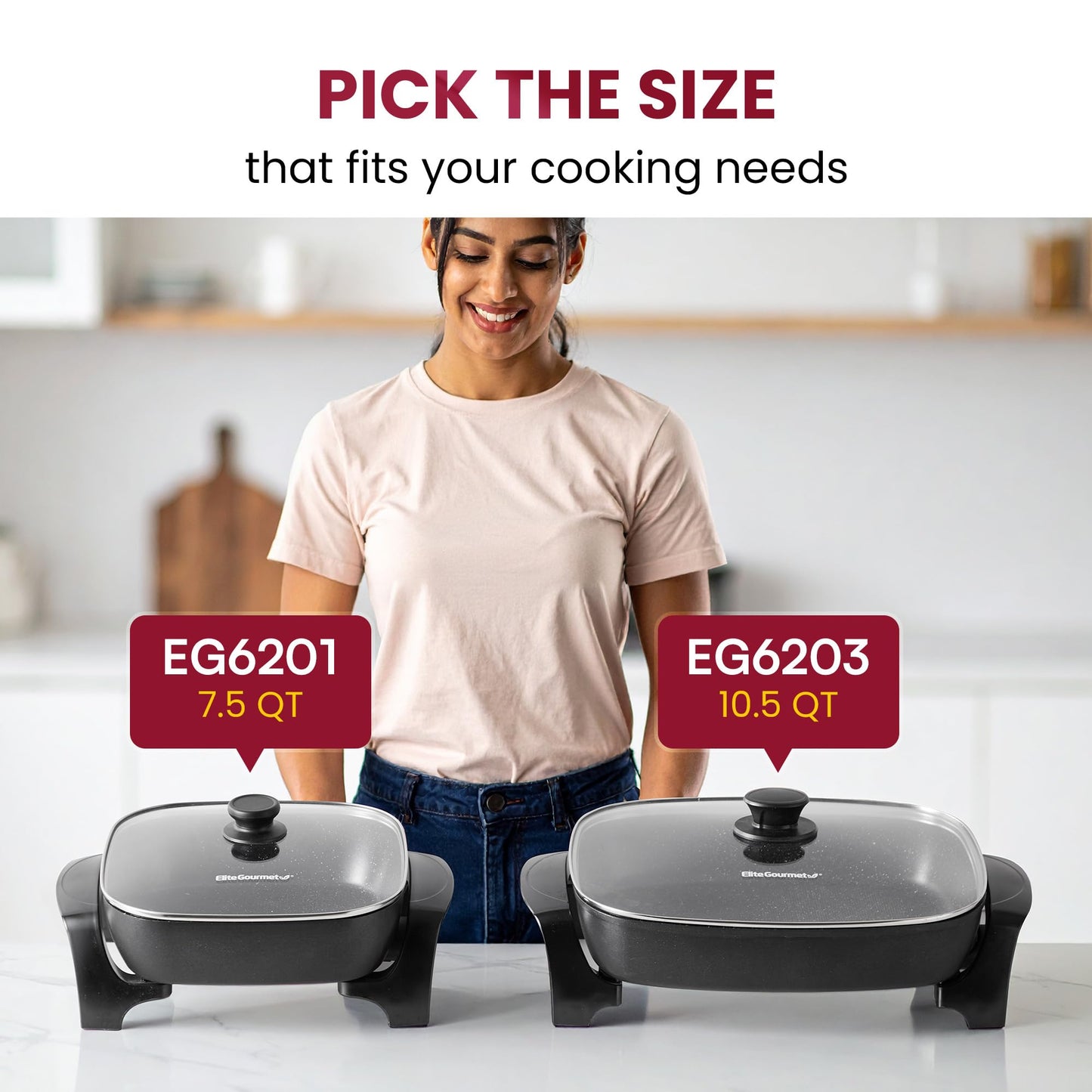 Elite Gourmet EG6201 Extra Deep 12"x12"x3.2" (7.5Qt.) Scratch Resistant Dishwasher Safe, Non-stick Electric Skillet with Glass Vented Lid, Adjustable Temperature, Black