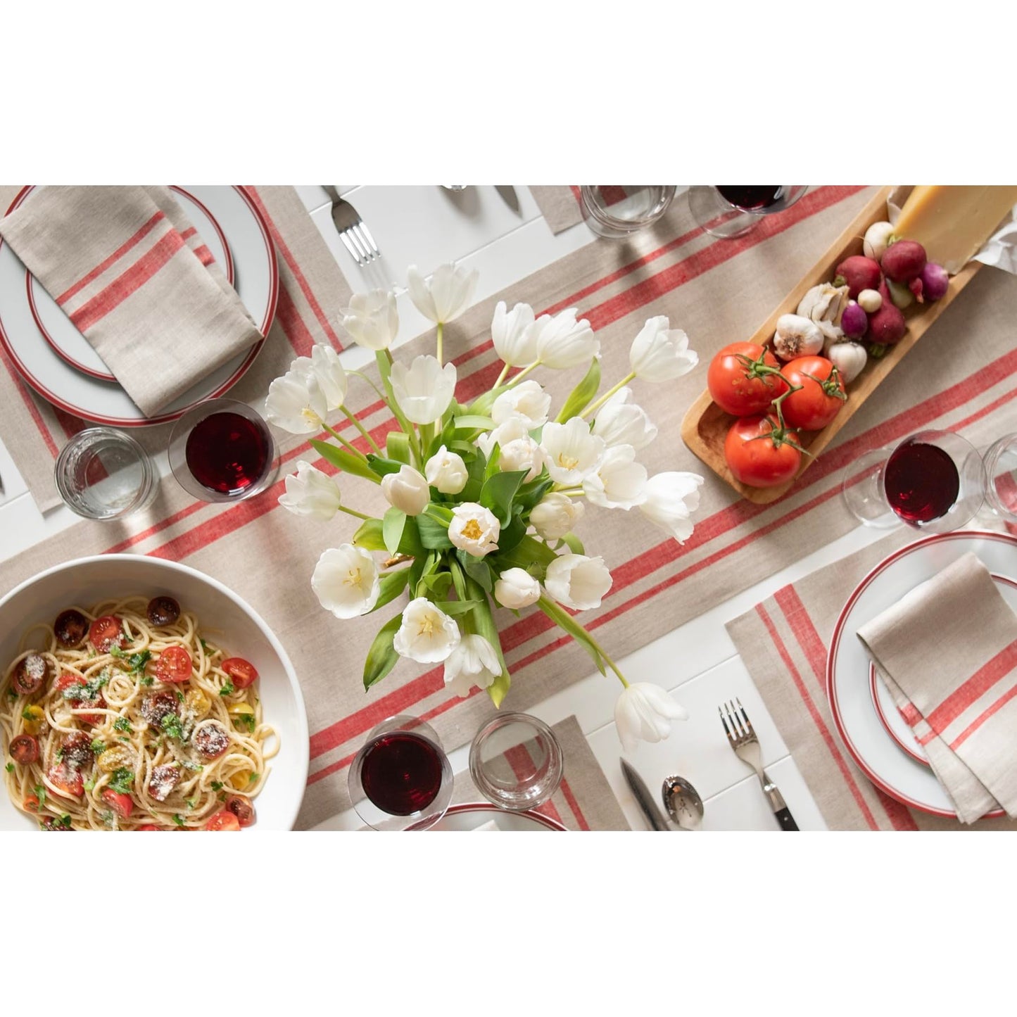 Solino Home Linen Table Runner 72 Inches Long - 100% Pure Linen Red and Natural French Stripe Table Runner 14 x 72 Inch for Dining, Dresser, Mothers Day