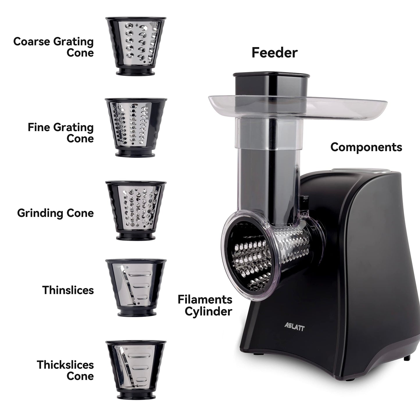 ASLATT Electric Slicer, Electric Cheese Grater for Home Kitchen Use, One-Touch Control Cheese Shredder, Salad Maker Machine for Fruits, Vegetables, Cheese Grater with 5 Attachments