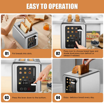 WUNLY 2 Slice Toaster,Touchscreen & Dual Independent Control Panel,5 Basic Functions & Digital Countdown Toasters,6 Shade Settings＆6 Bread Types,Smart Bread Maker Mute/Screen-Off,Titanium