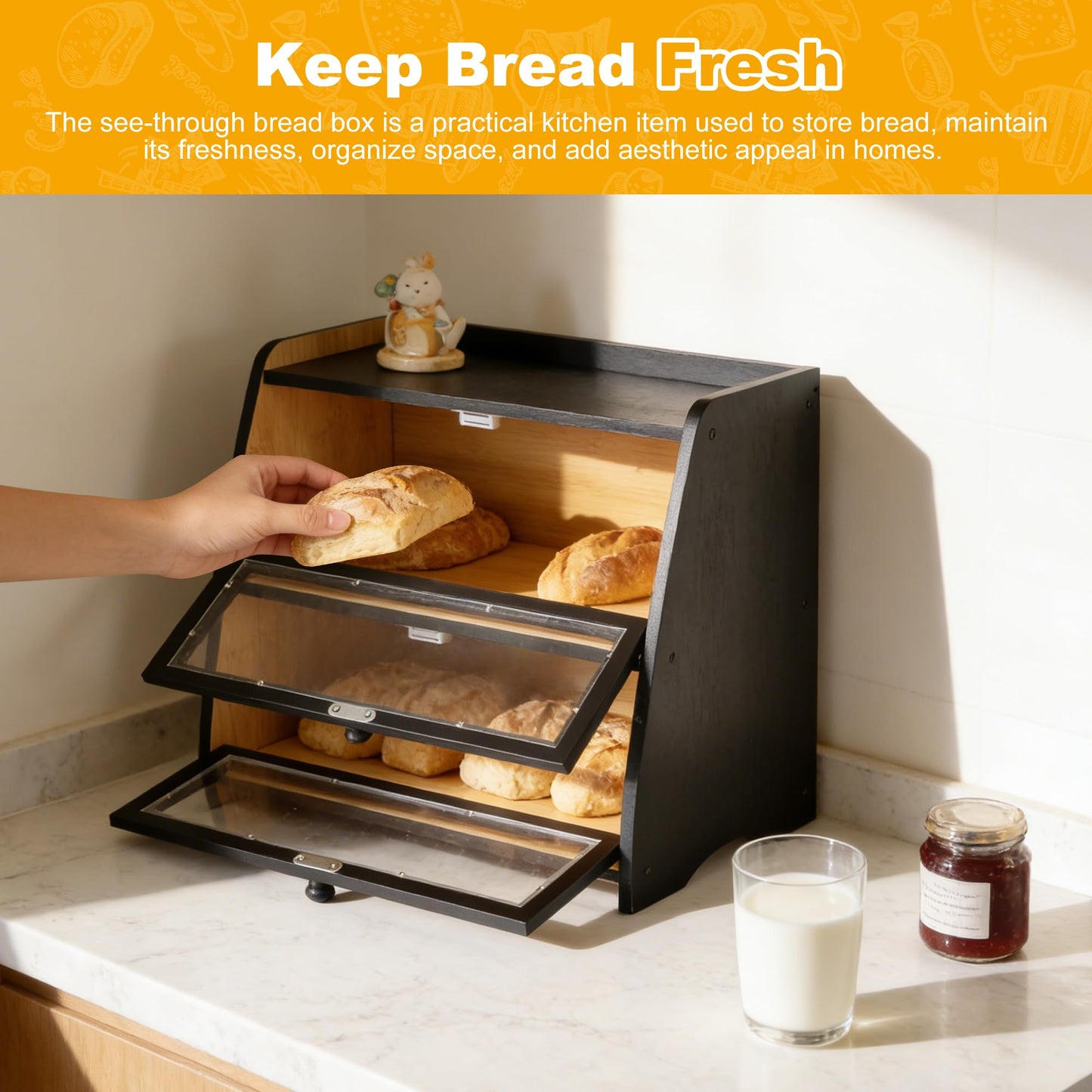 Hwwelis Bamboo Double Layer Bread Box for Kitchen Counter - 2 Layer Large Breadbox for Countertop Organizer - Bread Storage Boxes Container Bin for Homemade Bread - Black