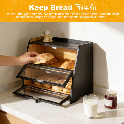 Hwwelis Bamboo Double Layer Bread Box for Kitchen Counter - 2 Layer Large Breadbox for Countertop Organizer - Bread Storage Boxes Container Bin for Homemade Bread - Black