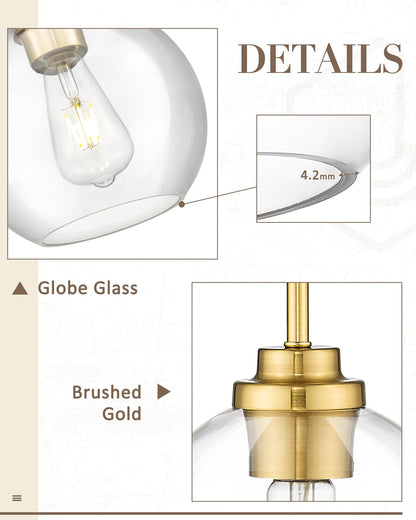 JAZAVA 8 inch Modern Gold Pendant Light Fixtures, Mid Century Globe Pendant Lights with Clear Glass, 1 Light Hanging Lights for Kitchen Island, Bathroom, Dining Room (1 Pack), PL101BG-L