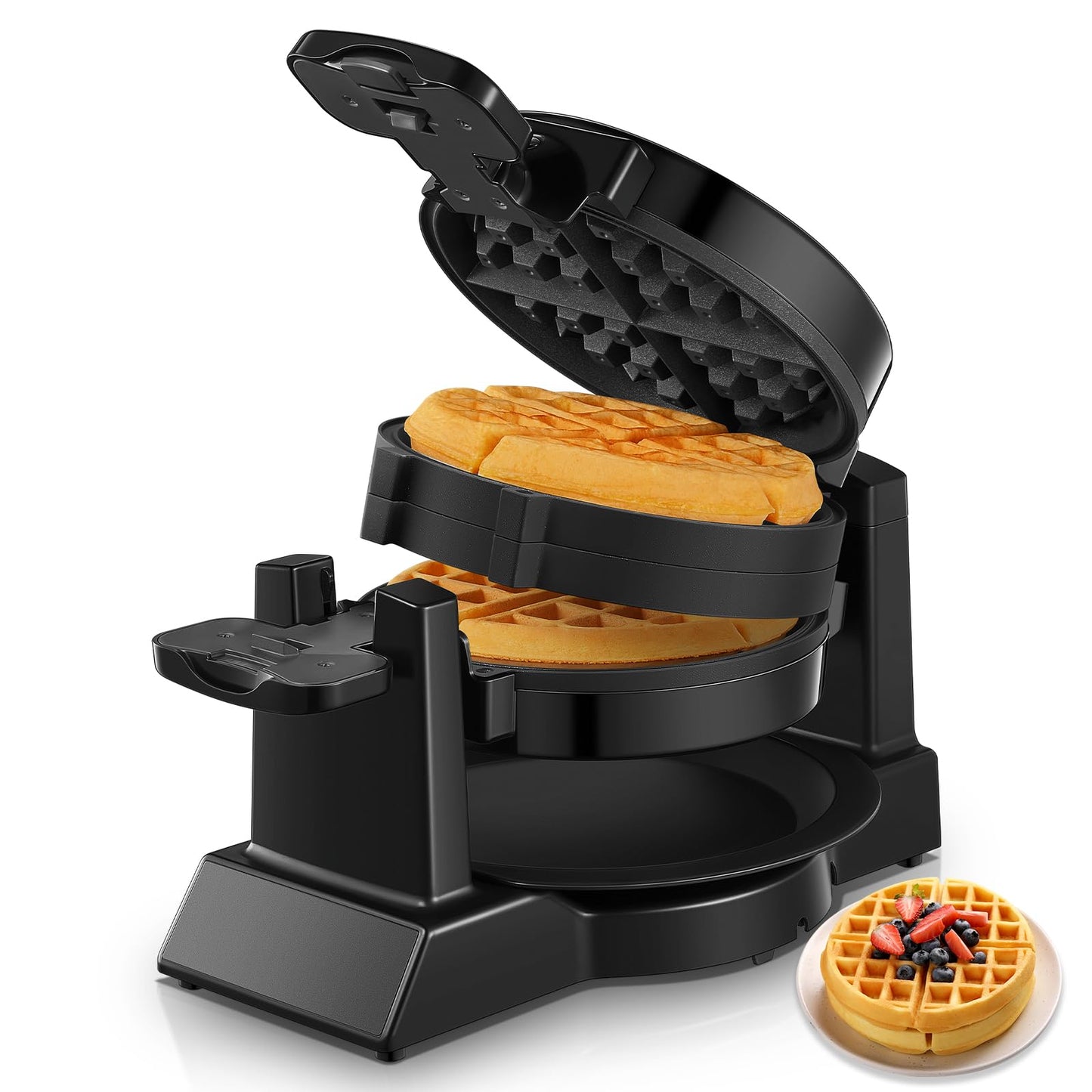Waffle Maker, 1400W Double Belgian Waffle Iron 180° Flip, 8 Slices in 3 Mins, Rotating & Nonstick Plates, Anti-Scald, Removable Drip Tray Easy to Clean, Cool Touch Handle, Space-Saving Storage(Black)