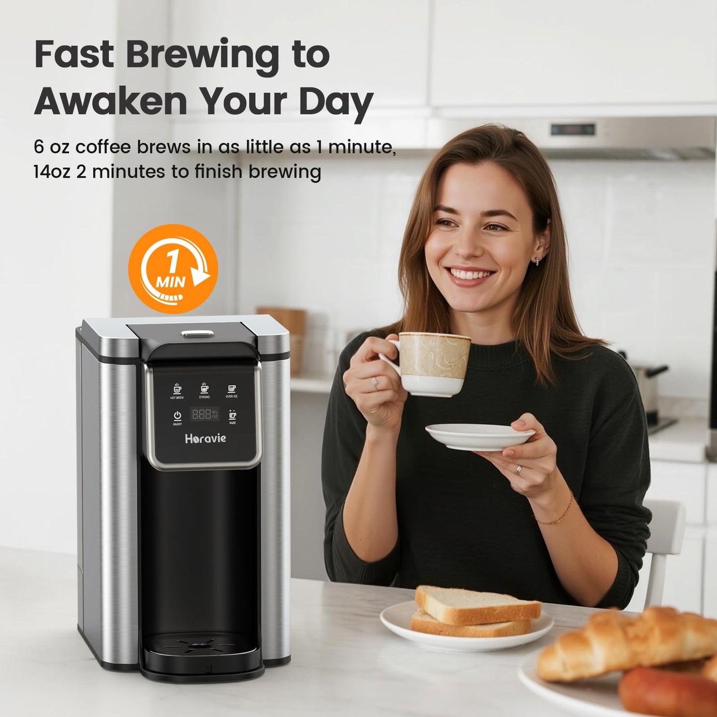 Horavie Single Serve Coffee Maker for K-Cup Pod and Grounds, Hot and Iced Coffee Maker, 6 to 14oz Brew Sizes, 50oz Removable Reservoir, Strong Button Feature, Fit 6.5" Mugs, Stainless Steel, Black