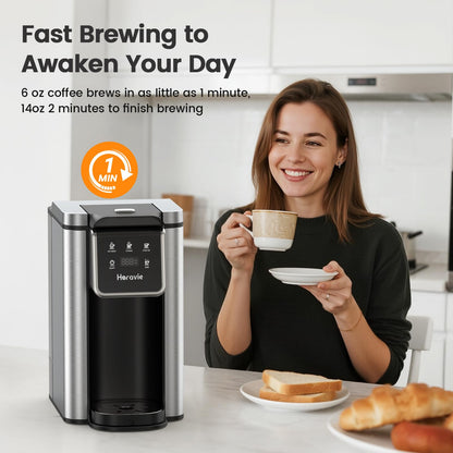Horavie Single Serve Coffee Maker for K-Cup Pod and Grounds, Hot and Iced Coffee Maker, 6 to 14oz Brew Sizes, 50oz Removable Reservoir, Strong Button Feature, Fit 6.5" Mugs, Stainless Steel, Black